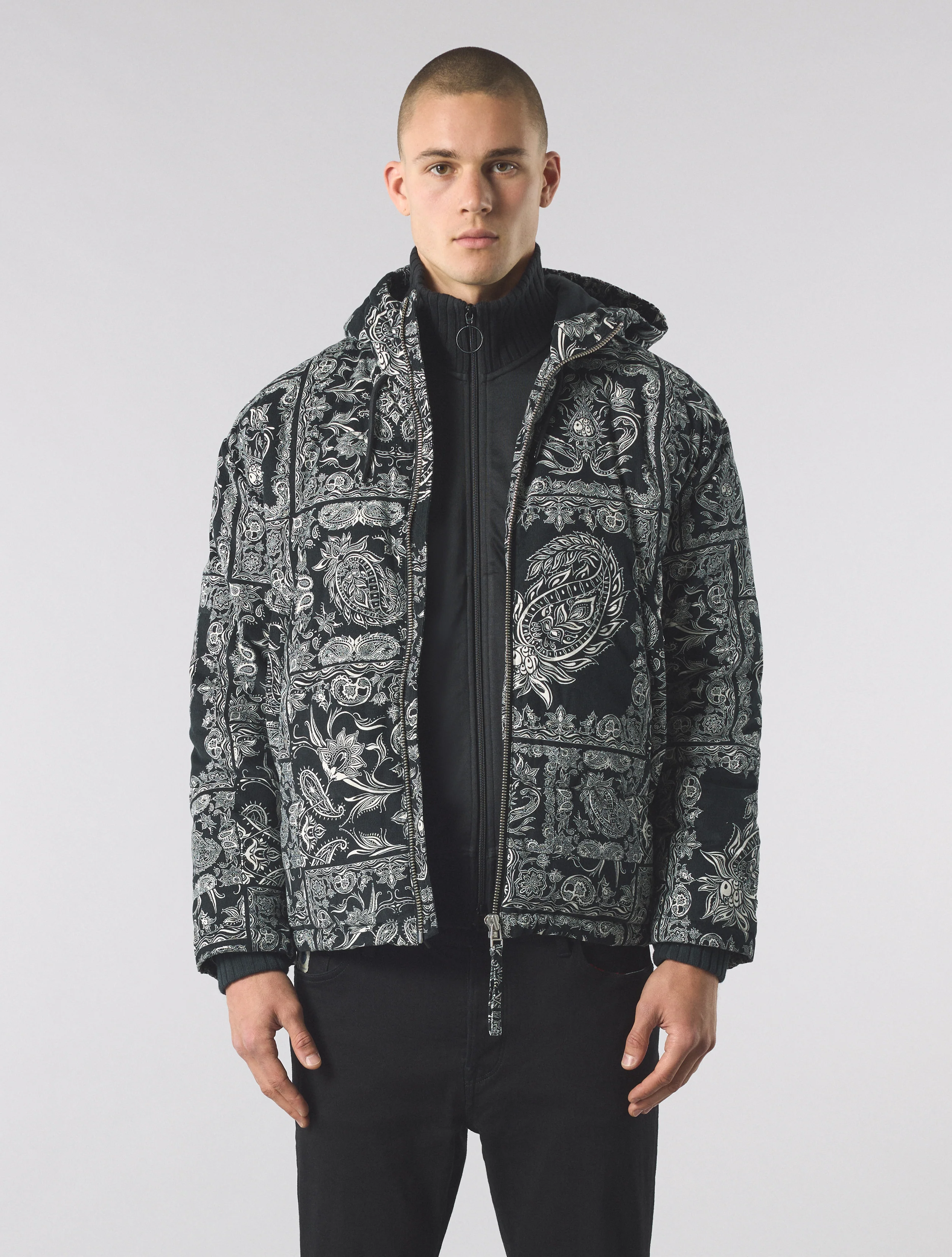 Black Patchwork Paisley Puffer Jacket - Image 3